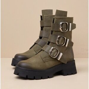 Steve Madden Roland Womens Olive Green Leather Buckle Platform Moto Boots 11 NEW